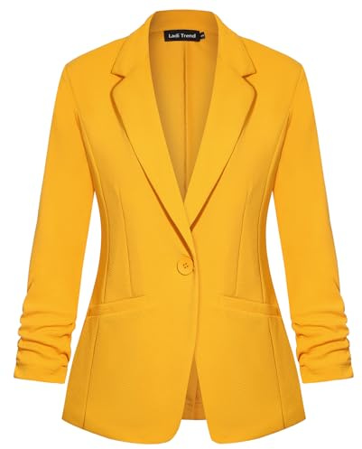 LADI TREND Blazer Casual para Mujer Traje Chaqueta con Un Botón Blazers Solapa con Muescas Ropa de Trabajo Elegante Manga Fruncida 3/4 Clásica Formal, Y-amarillo, M