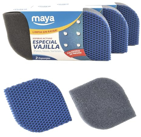 Maya - Pack de 6 Estropajos de Cocina para Limpieza de Vajillas, Ollas y Sartenes sin Dejar Rayas | 12x8,5x2,5 cm | Esponjas Lavables en Lavavajillas y Lavadora (EVO, Azul)