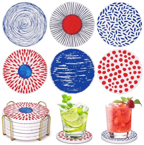 Absorbent Coasters Set of 6 Round Ceramic Coasters for Drinks Modern Colorful Boho Coasters with Holder Cute Coffee Table Decor Coaster Outdoor Stone Cup Coasters Funky Cool Coasters Desk Coasters