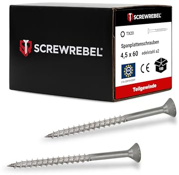 SCREW REBEL® Spanplattenschrauben 4,5x60 mm [100 Stück] – Edelstahl A2 rostfrei mit Teilgewinde & Senkkopf – TX20 Antrieb – Holzschrauben mit ETA-Zulassung
