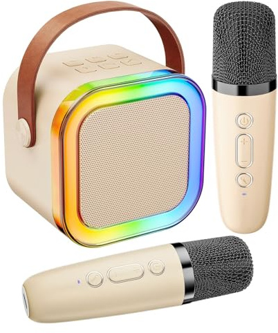 Irosiy Portable Wireless Karaoke Machine with 6 Voice Effects, Hi-Fi Bluetooth Speaker with LED Lights, Support TF Card, USB, AUX, Ideal for Travel, Party and Outdoor Use (Beige)