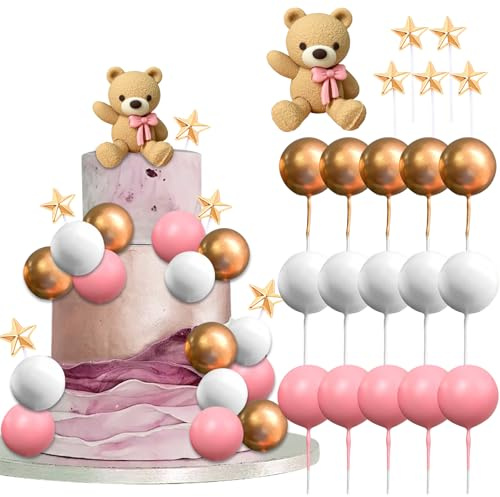 Aecoracion Tartas Cumpleaños Oso, 21 Piezas Cake Topper Oso Infantiles, Bolas de Decoración de Tartas, Topper Tarta Lindos para Fiestas Infantiles, Celebraciones de Aniversario (Rosa)