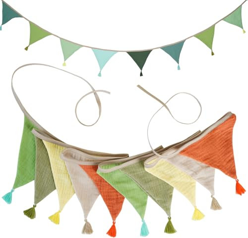 IOPJLK Fabric Bunting Banner, Flag Banners Multicolor, Garden Bunting, Vintage Fabric Bunting, 20 PCS Triangle Bunting for Wedding Children's Room Anniversary (2.6m Green)