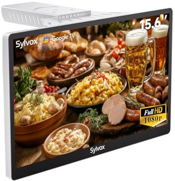 SYLVOX 15,6 TV Sotto Gabinetto, Mini Smart Google Televisore 1080P FHD +/-45° Orientabile - 12V Pieghevole 90° | DVB-C/T2/S2 | Google Assistant | Kitchen Televisione per Cucina, Camper, Camera
