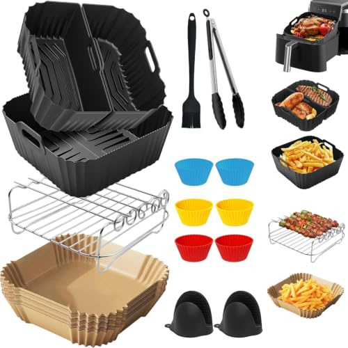 19-23CM Accesorios Freidora de Aire para COSORI 4,7L/5,5L/6L/6,2L/6,4L, Cecotec 5,5L/6L/7,6L, Cuadrado Molde Silicona Freidora de Aire, Rejilla Multiusos