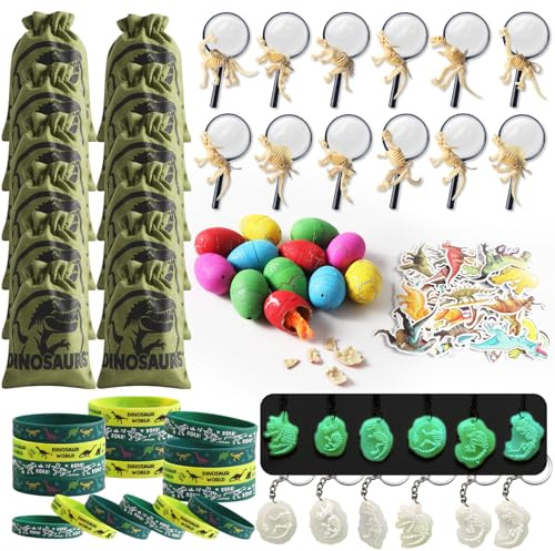 CESHMD 123pcs Dinosaurier Party Mitgebsel mit Lupe Kordelzugbeutel Mini Dinosaurier Skelett Dinosaurier Ei, Dinosaurier Give Aways Kindergeburtstag Gastgeschenke, Dinosaurier Spielzeuge Jungen
