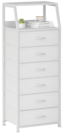 CAIYUN Comò con 6 cassetti in tessuto, alto e sottile, armadietto per camera da letto, pannello in legno, cassettiera industriale per soggiorno, cameretta dei bambini, corridoio, bianco