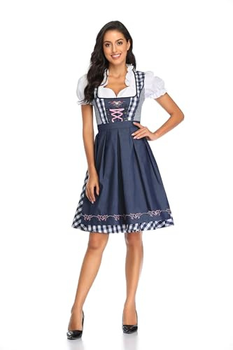 Velcoxplay Dirndl, dam, traditionell midiklänning för kvinnor, dirndl-klänning med spets inkl. Dirndl-blus och Dirndl-förkläde, 3 delar för Oktoberfest, karneval, Mörkblå, XL