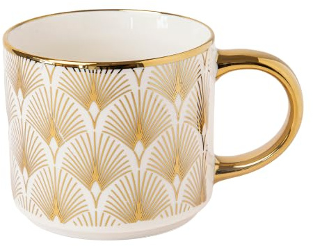 Luxury Ceramic Bone China Coffee Mug 490ml with Gold Handle with Art Deco Metallic Print, Elegant Gift Mug (H 9cmx 9.5cm) Assorted Designs (Gold Deco Fan Pattern)