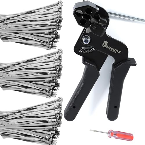 Metal Zip Ties & Cable Tie Tool Set, 100PCS 11.8 304 SS Heavy Duty Self-locking Zip Ties & Stainless Steel Tie Gun for Exhaust Wrap, Fences, Pipes, Chain Links (300PCS+TOOL, SILVER)