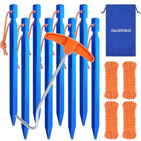 Owldacious 7 Inch Ultralight Aluminum Tent Stakes (8Pcs) – Includes 4X 10ft Guylines, Puller & Storage Bag. Non-Rust Metal Ground Spikes Tent Pegs for Camping.