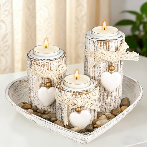 YHNDECO Holz Teelichthalter mit Tablett, 3-Teiliges Tisch Deko, Teelichthalter Holz Herzform, Kerzenständer, Kerzenhalter, Kerzeneinsatz Tafelkerzen, Kerzentüllen für Deko Wohnzimmer