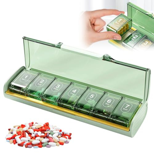 Läkemedelsförvaring tablettlåda 7 dagar – dosett med 7 individuella fack, bärbar tilläggslåda, tablettlåda, stora fack, tablettlådor för tabletter och tillägg – (grön)