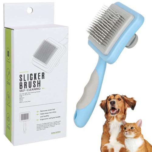 EJRUP Hundebürste Langhaar, Haustier Hundebürste Katzenbürste, Hundebürste Katzenbürste für Langhaar und Kurzhaar, Selbstreinigende Zupfbürste, für Katzen Hunde Kurzhaar,Blau