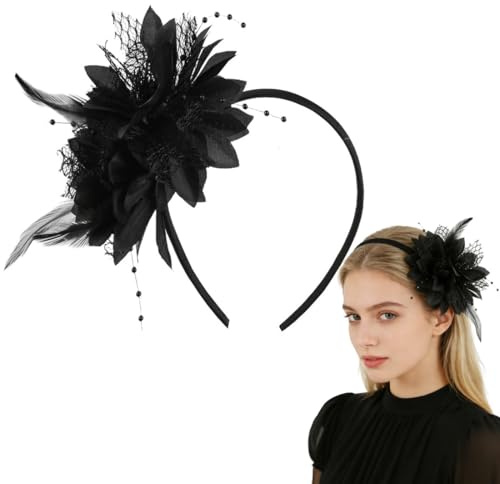 LEPZUR 1 Stück Feder Haarreif mit Künstlichen Blumen, 1920er Fascinator Kopfschmuck, Feder 20er Jahre Stirnband für St. Patricks Day Karneval Cocktail Hochzeit Tee-Party Accessoires,Schwarz