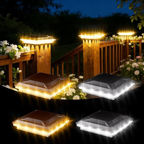 Quntis Solar Post Lights 4 Pack, staket Post Cap ljus med 3 färglägen, IP44 vattentät Auto On/Off, 3.5x3.5 4x4 trä/vinyl poster Solar lampa poster för däck Patio trädgård bakgård veranda Pathway
