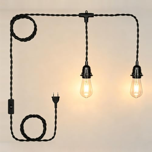 JZCDR 2-Flammig Hängelampe mit Stecker Schwarz E27 Fassung mit Kabel 6m | Seil Lampe mit Stecker und Schalter Hängend Vintage Pendelleuchte Kit für Küche Esstisch, Ohne Glühbirne