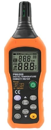 Misuratore di temperatura e umidità PM6508, termometro e igrometro digitale con monitoraggio a temperatura ambiente, del punto di rugiada e del bulbo umido for interni ed esterni