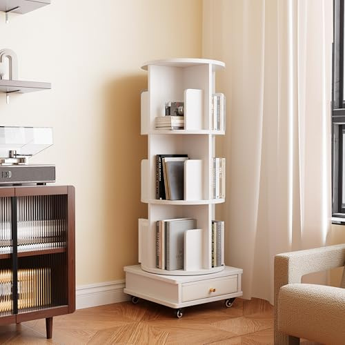 Saitedudu 3 Etagen Bücherregal Kinder mit 1 Schubladen, 360° Drehbares Bücherregal mit 12 Fächern, Drehregal Büroregal aus Holz für Wohnzimmer, Arbeitszimmer, Büro (3 Etagen Bücherregal)