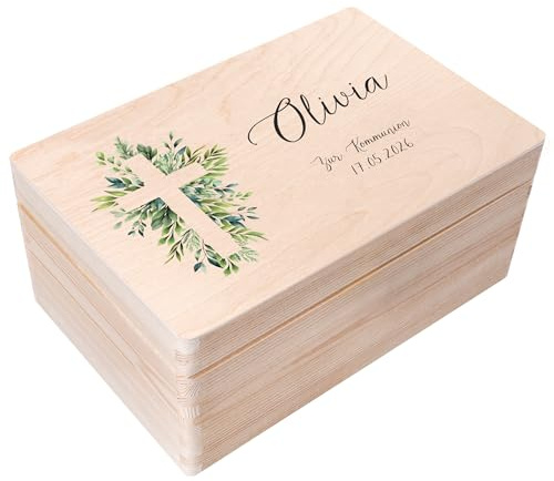 Creative Deco Personalisiert Kommunion Geschenke für Mädchen Jungen | Holzkiste | Kreuz aus Blättern | Individuelle Geschenk Erinnerungsbox | Erstkommunion Deko