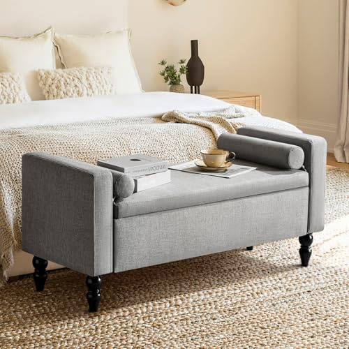 Hellove Sitzbank mit Stauraum, gepolsterte Aufbewahrungsbank mit Leinenbezug, Armlehnen & Kissen, Bettbank mit Massivholzbeinen, Schuhbank für Flur, Schlafzimmer, Wohnzimmer, 116x45x42 cm, Grau