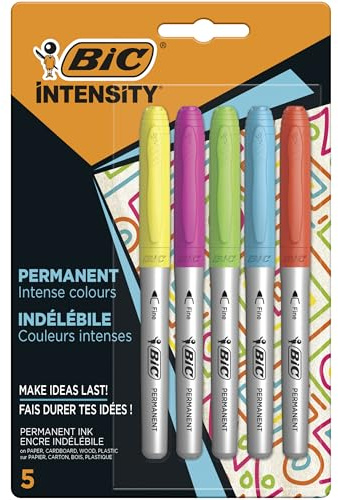 BIC Pennarelli Indelebili Colorati, Intensity Permanent Markers, Colori Assortiti, Confezione da 5, Fornitura Cancelleria Scuola