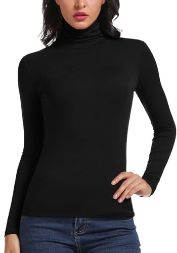 STARBILD Camisa de Manga Larga para Mujer Top de Cuello Alto Jersey Ligero Blusas de túnica Delgadas S-XXXL Black Medium