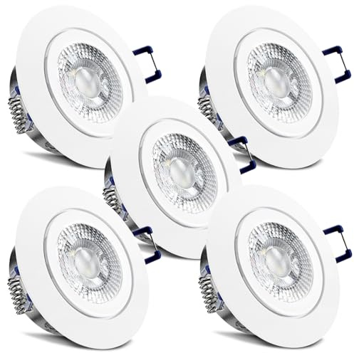 trendlights24 Mare IP44 Decken LED Bad Einbaustrahler flach 230V 5W 5er Set | Einbauleuchte, Decke, ultra flach, 35 mm Einbautiefe, LED Spot, 400lm, 4000k, Neutralweiß, Weiß, rund, Feuchtraum, außen