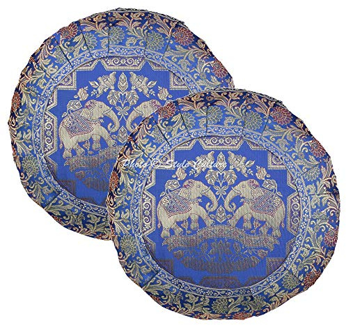 Stylo Culture Bohemio Fundas De Almohadones Decorativa 43x43 cm Brocado De Seda Elefante Forros para Cojines Sofa Azul Real 17x17 Inch Jacquard Redondo Cremallera Fundas para Cojines De Cama - 2 Pcs