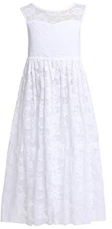 Weileenice Rustic Pure White Lace Girls First Communion Dress Boho Teens Wedding Party Birthday Princess Church Junior Special Occasion Gown Sleeveless Semi Formal Beach Maxi Ballgown 14-15 Holiday