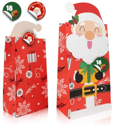 LIMAH® Adventskalender Set für Kinder zum befüllen, Papiertüten mit Zahlen-Aufkleber 1-24 und Bild-Aufklebern 24 Stück, Geschenktüten zu Weihnachten 2023