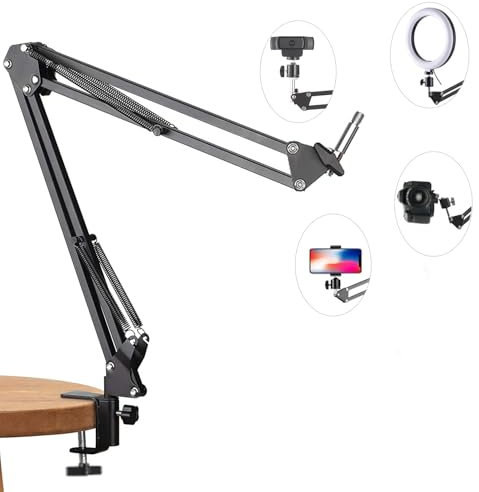 YIYANT Overhead Tripod Mount for Camera Webcam Ring Light, Flexible Over Head Articulating Arm with Phone Holder and Ball Head, Desktop Suspension Scissor Accessory for Live Streaming,Video Recording