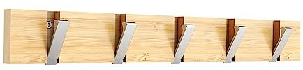 Anjuer Garderobenständer, Wandmontage, Kleiderständer, 5 Haken, einziehbar, robust, Huthalter, Bambusbrett, Haken in Silber