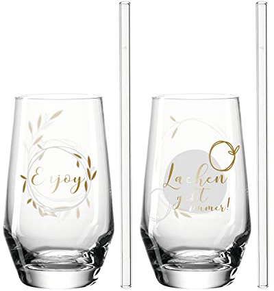 Leonardo Presente Trink-Gläser 4 teilig, spülmaschinenfeste Wasser-Gläser mit Gravur und Strohhalm, Motiv Enjoy Saft-Glas Geschenk-Set 365 ml 029182