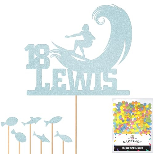 Personalised Surfer Wave Surfing Glitter Cake Topper Lt Blue Any Custom Age & Name Glitter Cake Decoration and Sprinkles - Happy Birthday Decorations - Personalised Toppers for Cakes by Cakeshop
