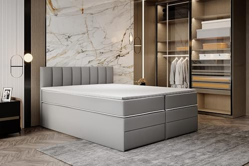 TRADA Boxspringbett 200x220 cm mit Bettkasten und Taschenmatratze - Miami - Elegantes Hochbett mit Viscoschaum-Topper - Grau