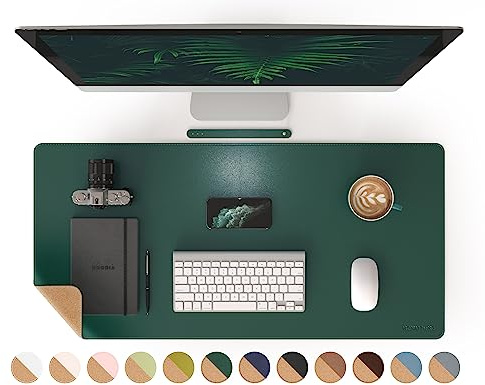 Renmture doppelseitige Schreibtischunterlage, Naturkork und PU-Leder, große Mauspads für Büro und Zuhause, Schreibtischschutz, wasserdicht, leicht zu reinigen (Dunkelgrün, 90 x 43 cm)