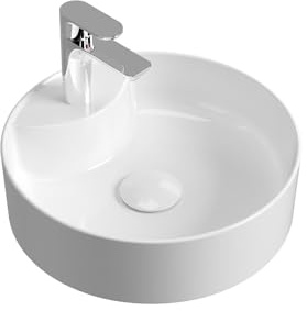 Aqua Bagno | Rundes Aufsatzwaschbecken mit Hahnloch weiß glänzend, Keramikbecken, Handwaschbecken | 42 cm breit