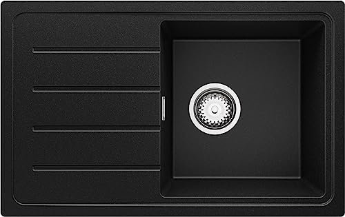 PRIMAGRAN Evier Cuisine en Granit Noir 70x44cm, Lavabo 1 bac + Kit de Vidage, Évier à Encastrer al mueble 45cm - Copenhague Easy