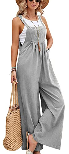 SotRong Women's Linen Dungarees UK Wide Leg Jumpsuit with Pocket Loose Fit Playsuits Summer Boho Romper Sleeveless Strappy Overalls, Pink (XXL=UK16, EURO42)