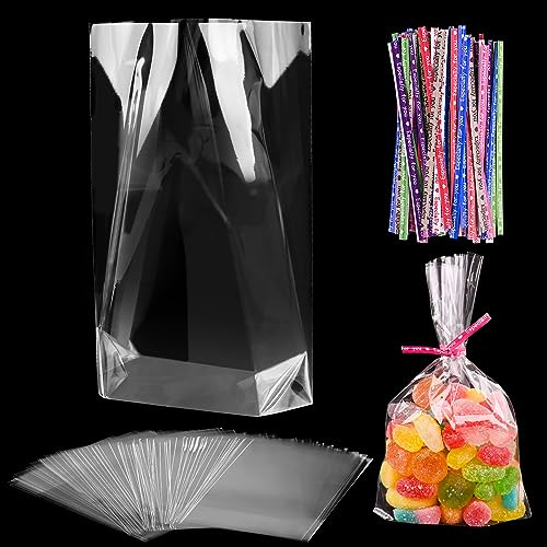 100 stycken cellofanpåsar klara 10 x 15 cm genomskinliga cellofanpåsar godispåsar med 100 twist bindningar klara platta cellofanpåsar för söt gåva cupcake leksak gästpresenter