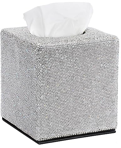 BTSKY Quadratischer Taschentuchhalter mit glitzerndem Glitzer, dekorativer Diamant-Kristall-Strass-Tücherbox-Abdeckung, würfelförmiger Taschentuchspender für Zuhause, Badezimmer, Waschtisch,