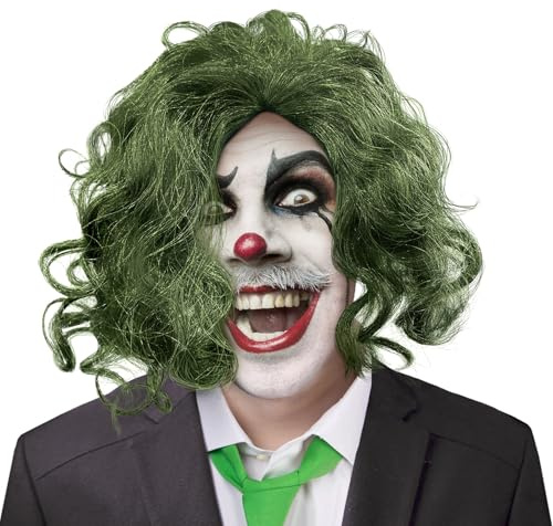 Clown Grün Perücke für Erwachsene Herren: Grün Crazy Clown Cosplay Lockig Synthetische Kurz Perücke Bösewicht Kostüm Zubehör für Halloween Karneval Kostümparty Party