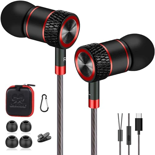 GAMURRY Écouteurs Haute Qualité Audio, USB Type C, écouteurs Intra-auriculaire Filaire,Ecouteur avec Micro et réduction du Bruit,Oreillette avec Son Surround Jack Noir et Rouge
