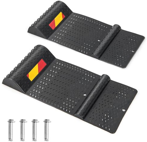 COSTWAY Lot de 2 Butée de Roue Antidérapant pour Garage, Tapis Aide au Stationnement avec Bande d'Avertissement, Guide des Pneus pour Plupart des Véhicules 53 x 25,5 x 5 cm, Noir