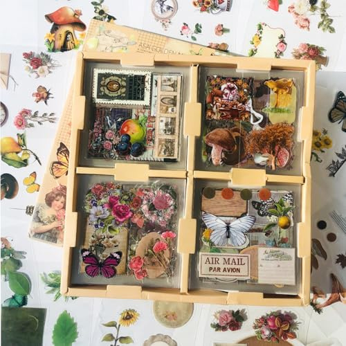 Ta Merry Scrapbooking Zubehör Stickers Set,100 Blatt Pflanzen Sticker Set Vintage Bullet Journal Zubehör Sticker Aesthetic Scrapbook Stickers für Scrapbooking,Journaling Zubehör usw(Waldabenteuer）