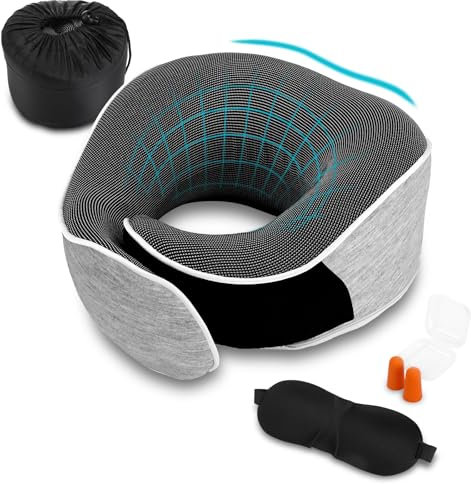 Collazoey Nackenkissen, Nackenhörnchen Memory Foam,Memory-Schaum-Nackenkissen-Set mit Augenmaske, Ohrstöpsel und Aufbewahrungstasche,Ergonomisch Gestaltetes Reisekissen (hellgrau)