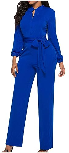 SYDUZAX Women's Jumpsuits & Playsuits Long Sleeve Tie Waist Formal Jumpsuit Elegant Button V Neck Romper with Pockets Ladies Dungarees Wide Leg Playsuit Overalls Office wear Straight Trousers