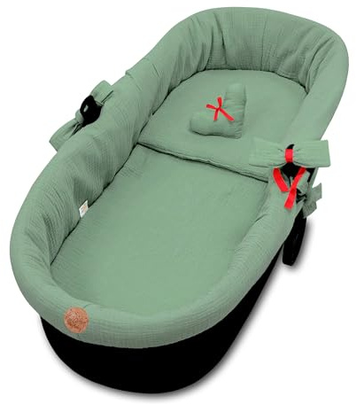 Spjälsängskant Musselin - Bo för barnvagn och buggy barnsängstillbehör för barnvagnsinsats barnvagnstillbehör set 3-delat med kudde och gondolinsats Grön