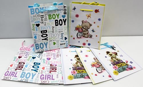 CaPiSo 8 Stück mittlere Design-Geschenktaschen mit stabiler Kordel 23cm x 18cm x 10cm Geschenktüten Tragetasche mit Griff Mitgebsel bunte Tüten Baby Kleinkind Geburt Babyparty